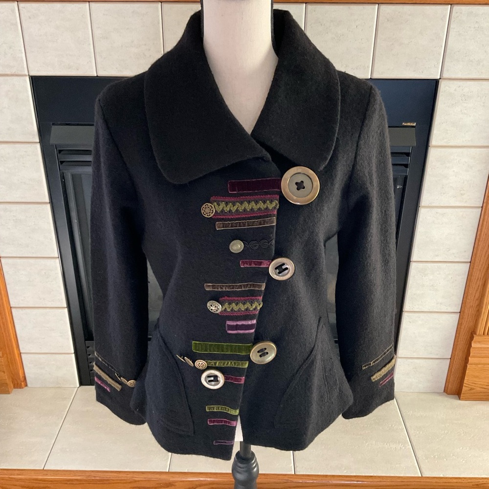 Carson Black Wool Jacket, Deco Buttons, Appliquéd Fabric, Women’s Sz S/P